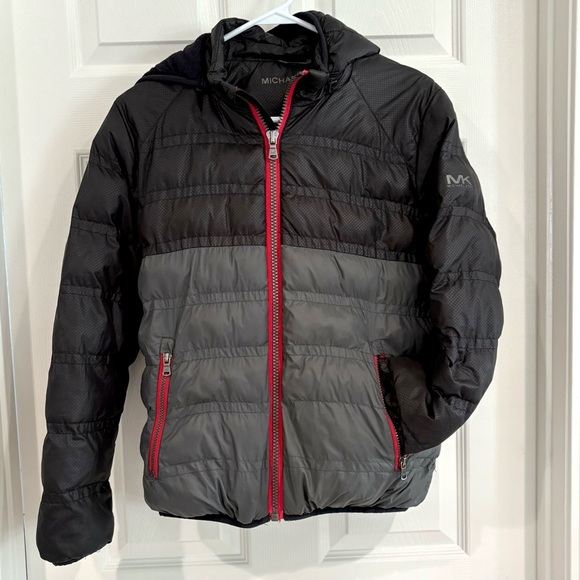 Michael Kors Puffer Zip Up Hood Gray Black Winter Jacket Coat Boys 14/16 Pocket - Picture 6 of 13